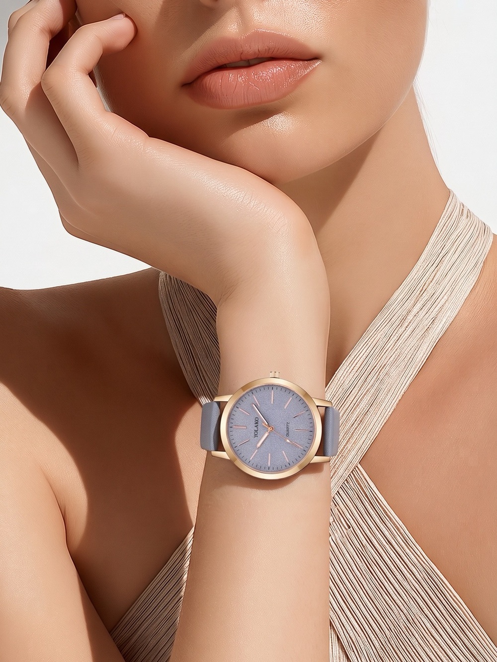 2387 - Blue -Contemporary Women's Blue Leather Strap Watch with Gold Case